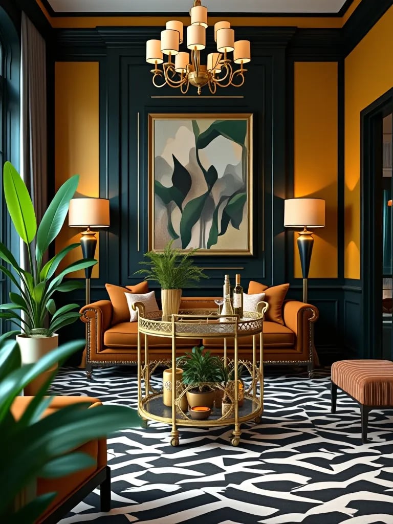 Glamorous art deco living room with statement decor and plants