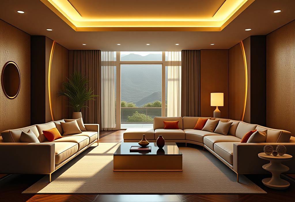 Glamorous art deco style living area with gold details and ambient lighting