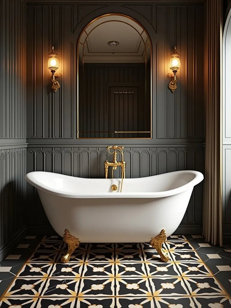 Glamorous bathroom featuring art deco patterned tiles and gold accents