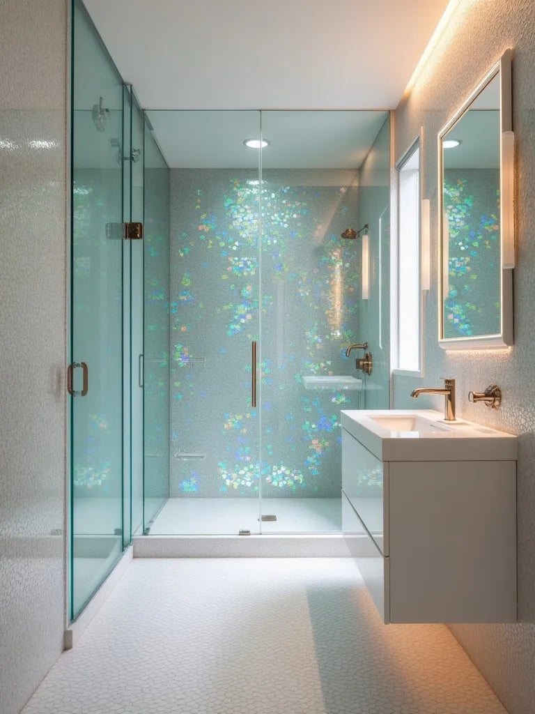 Glamorous bathroom with iridescent mosaic tiles and glass shower