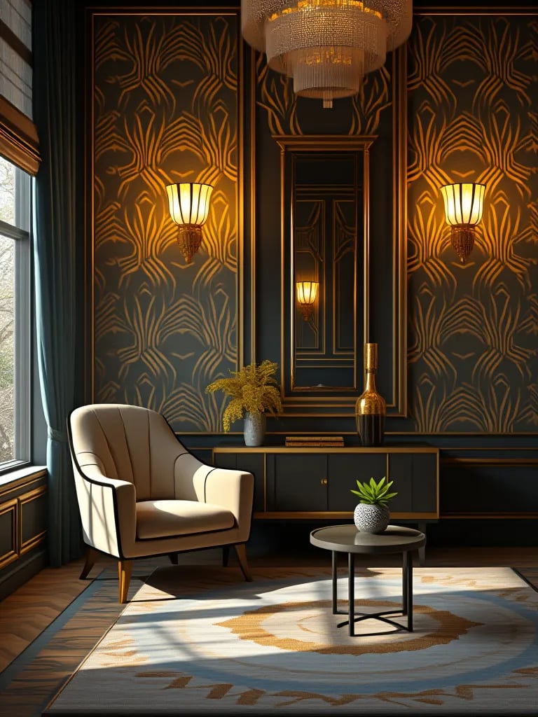 Glamorous living room with budget friendly Art Deco inspired decor
