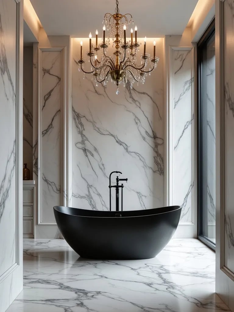 Glamorous modern bathroom with dramatic black tub and marble finishes