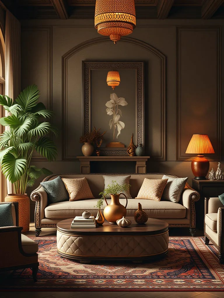 Globally inspired luxury living room with diverse cultural accessories