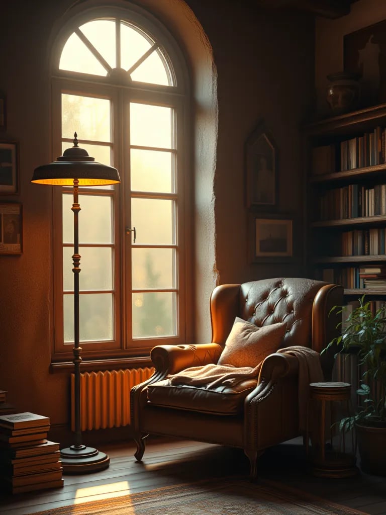 Golden hour lit rustic corner with arched window and floor lamp