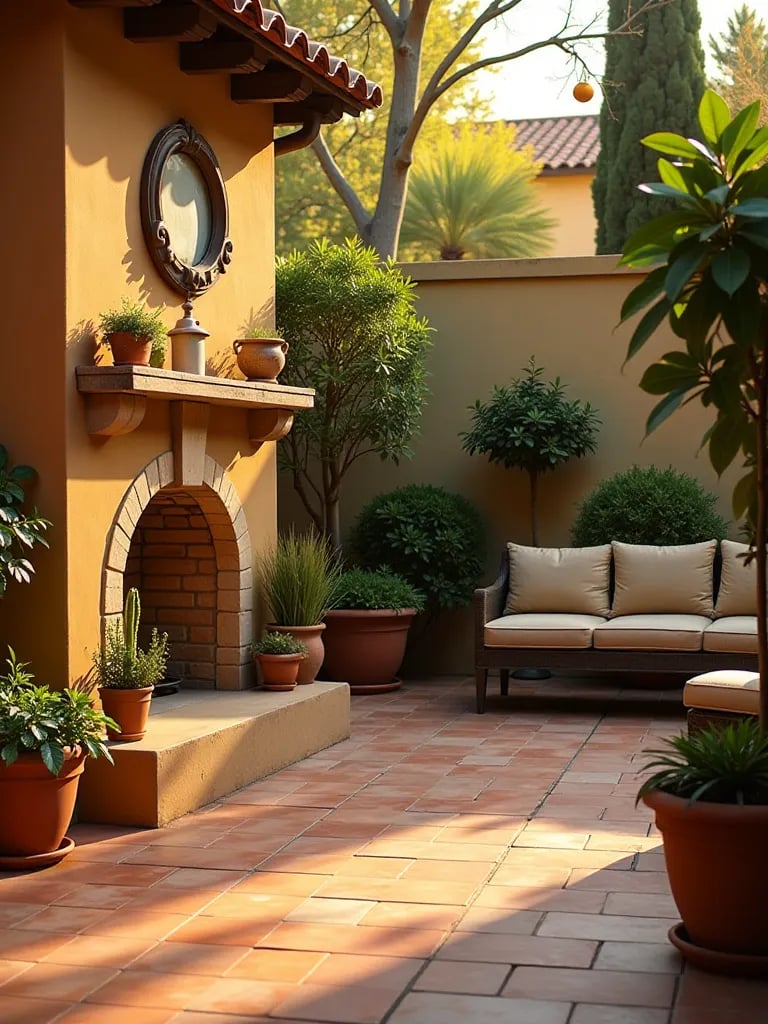 Golden hour view of Mediterranean patio with terracotta tiles and fireplace
