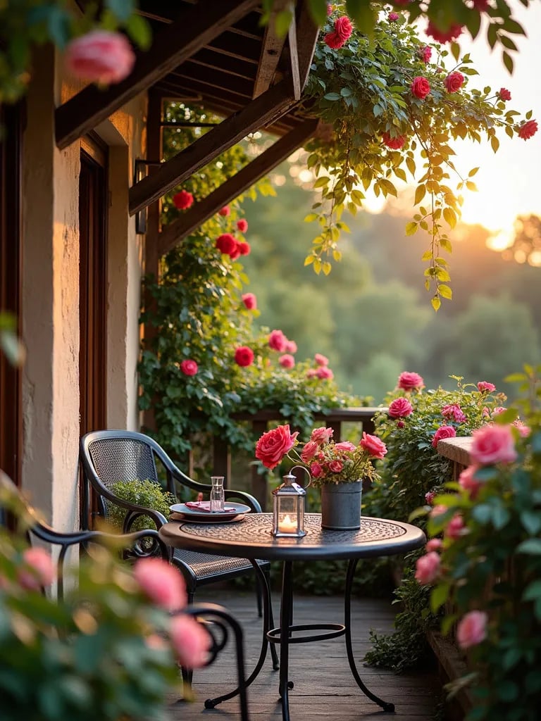 Golden hour view of balcony with rose covered wood trellis, vintage table set, and lanterns