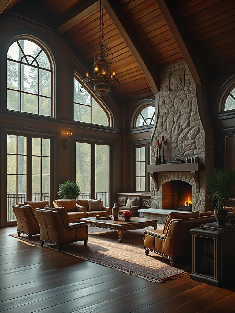 Grand rustic living room with forest view and massive fireplace