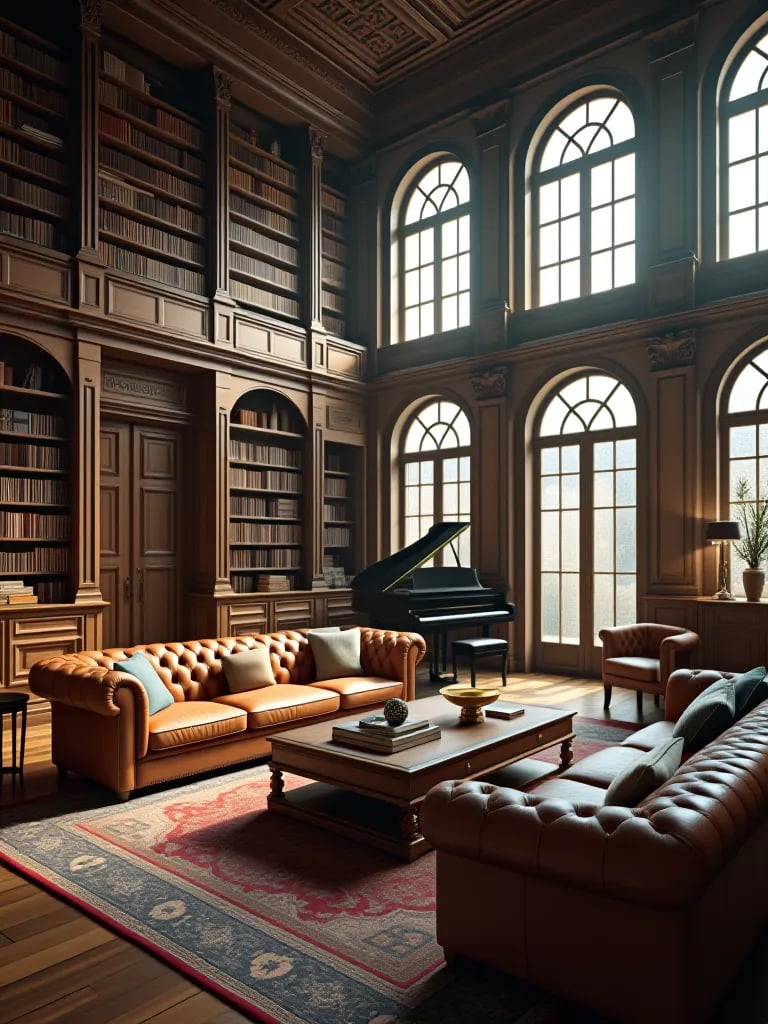 Grandiose living room with double height bookshelf, Chesterfield sofa, and grand piano