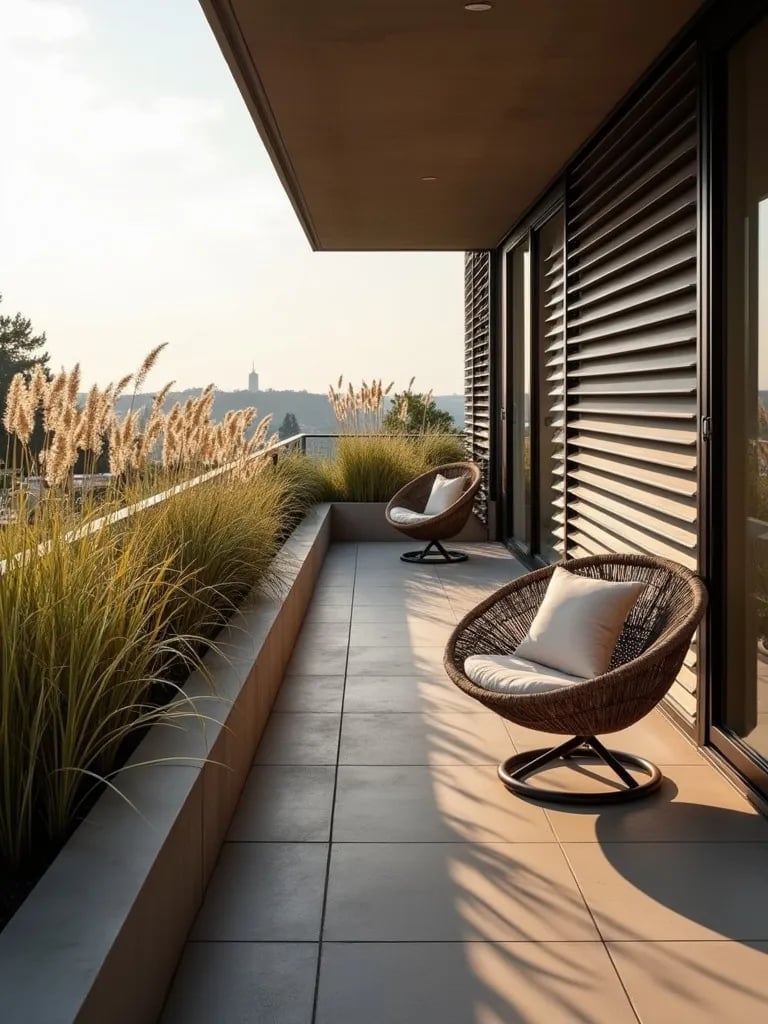 High angle view of balcony with metal louvers, grass planters, and egg chair in afternoon light
