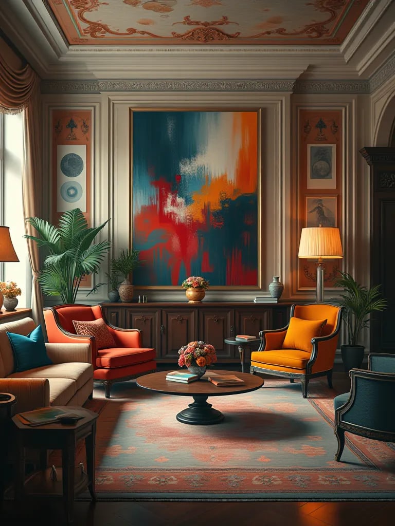 High angle view of luxury room with mixed era furniture and colorful abstract art