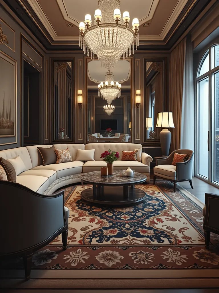 High angle view of opulent living room with mirrored furniture and bold patterns