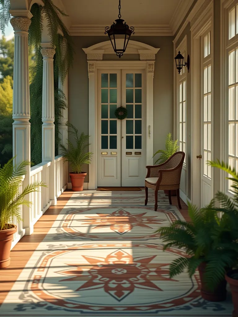 High angle view of sage green porch floor with built in bench and Japanese maple