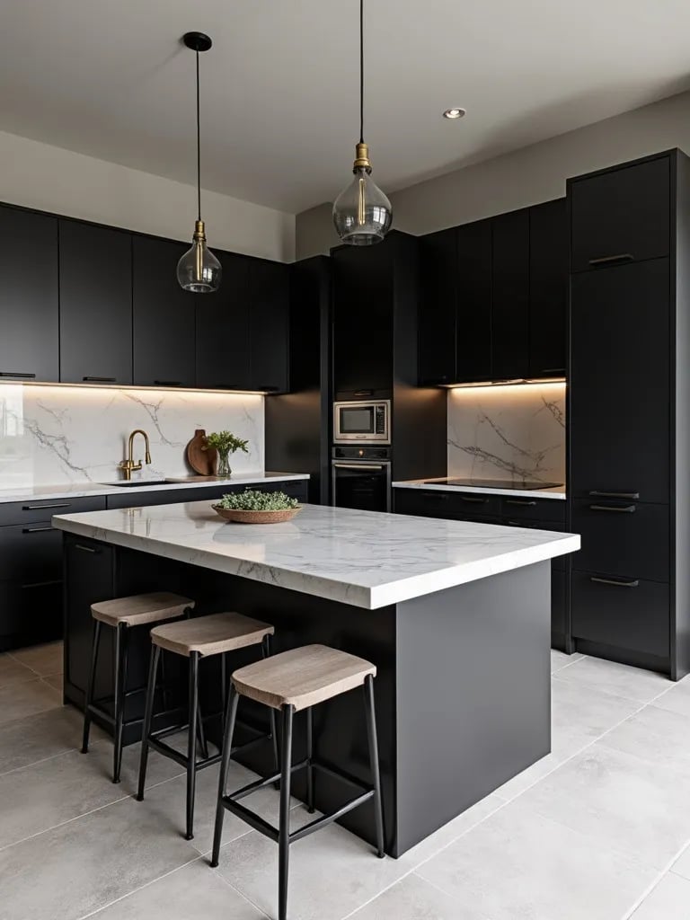High angle view of sleek black and white kitchen with brass details