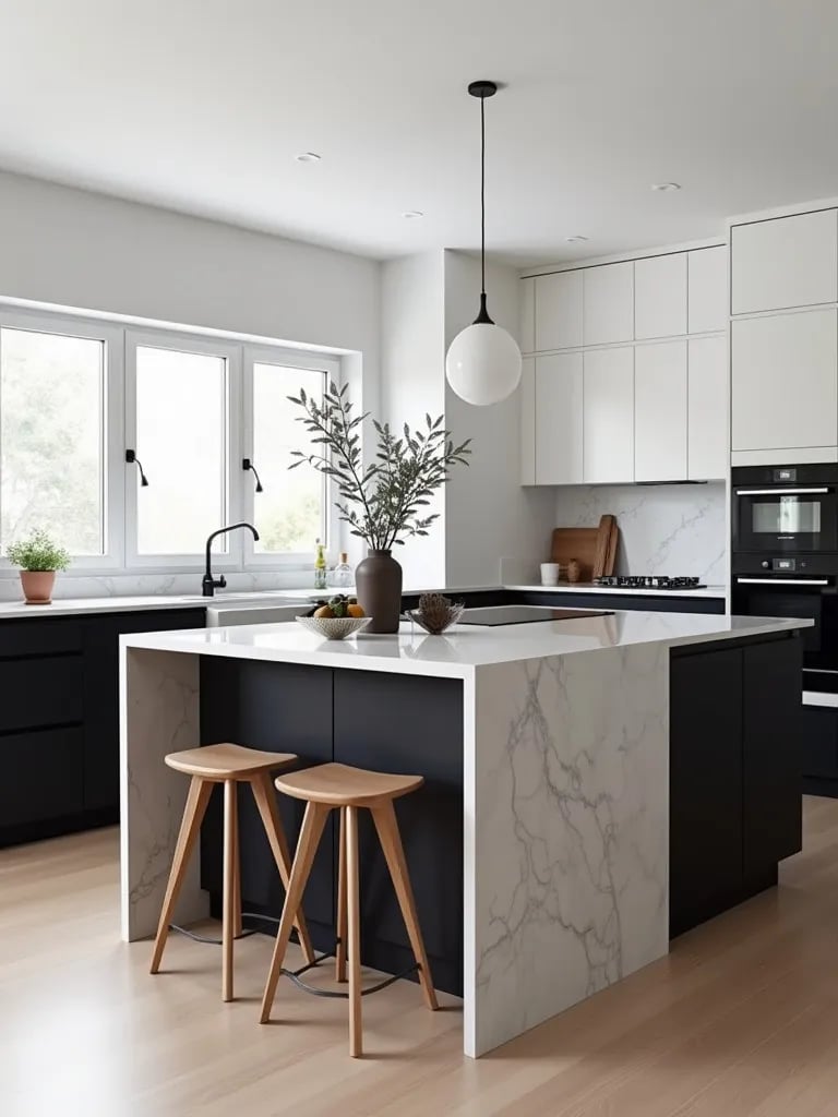 High contrast Scandinavian kitchen with black and white cabinets and marble island
