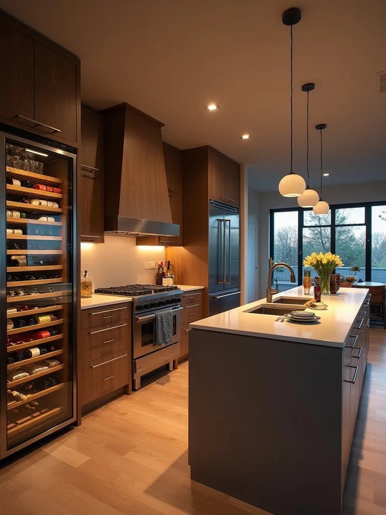 High end kitchen featuring automated storage and touchscreen island