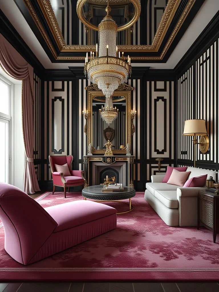 Hollywood Regency living room with striped walls, mirrored ceiling, and pink chaise