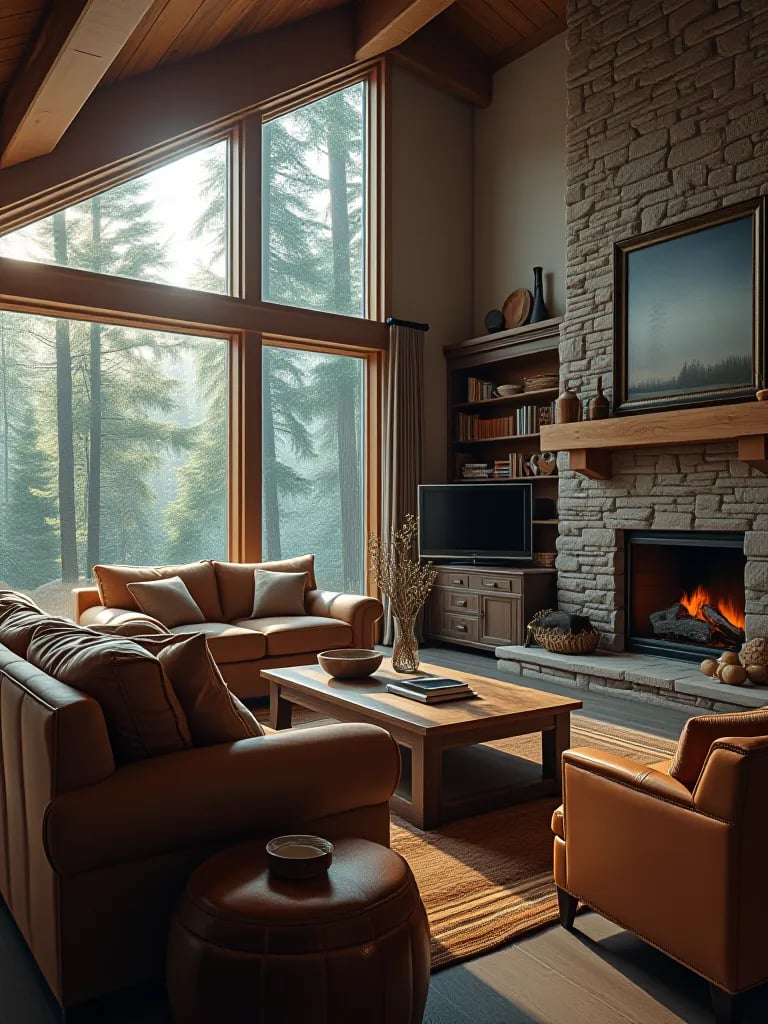 Impressive open plan rustic living room with high ceiling and large sectional