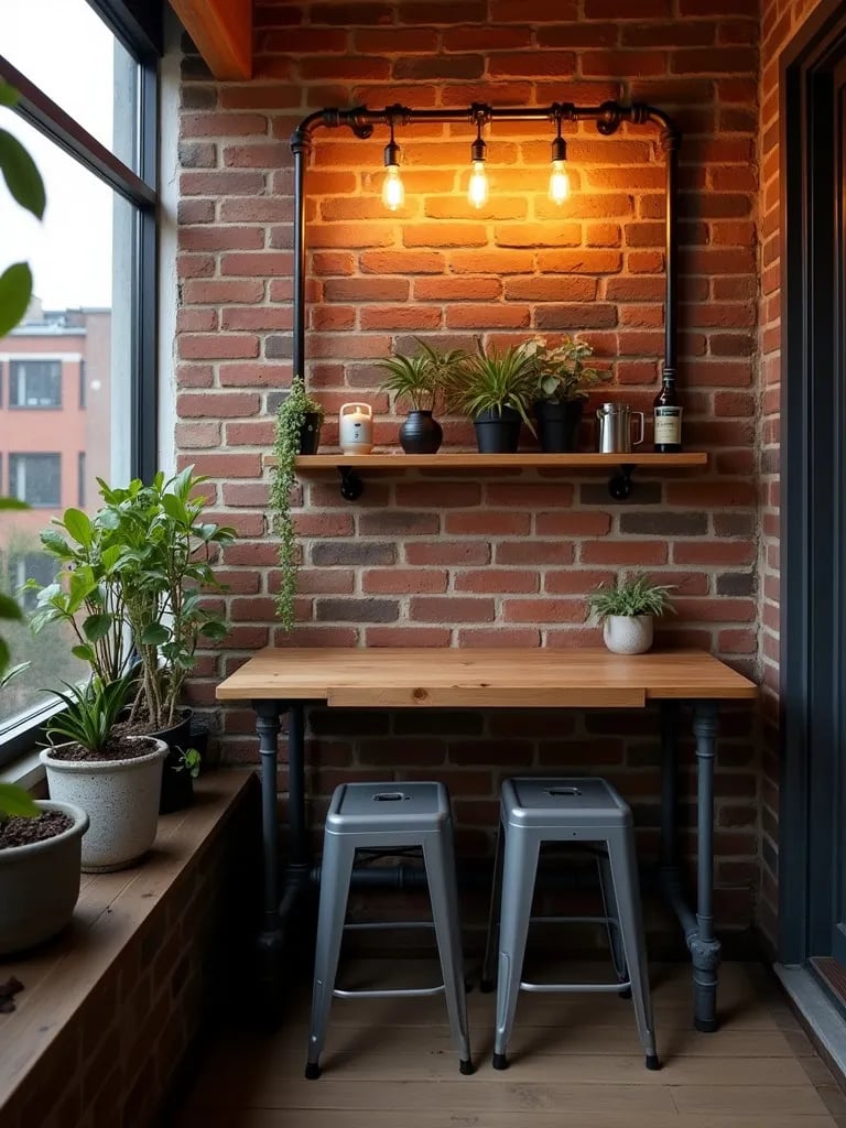 Industrial balcony with drop leaf table, metal stools, and pipe shelving under string lights