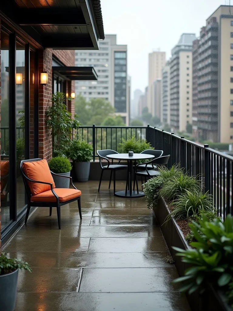 Industrial balcony with sealed concrete floor on a rainy day