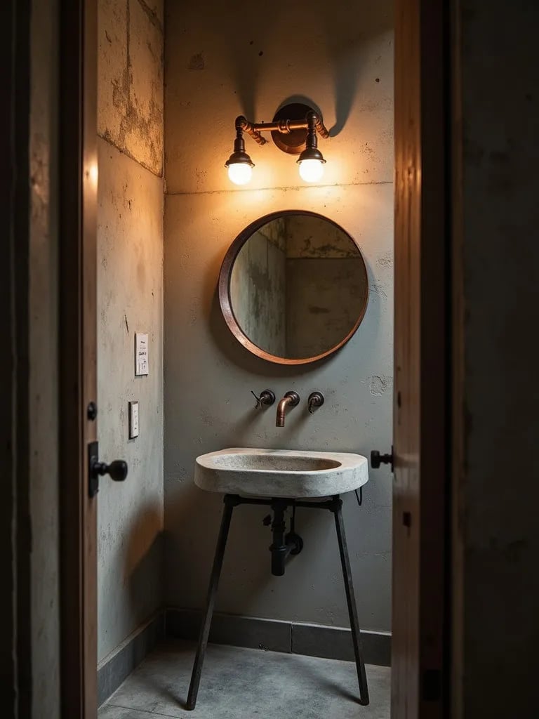 Industrial bathroom with copper pipe lights and concrete sink