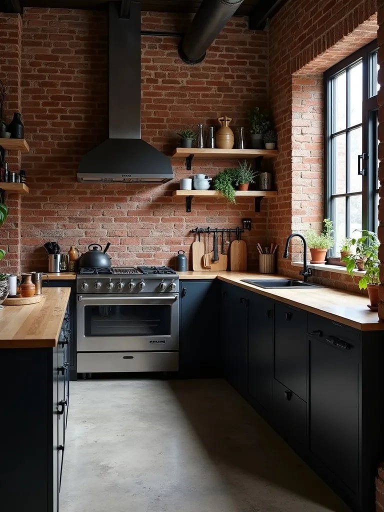 Industrial chic kitchen with brick walls and black cabinets