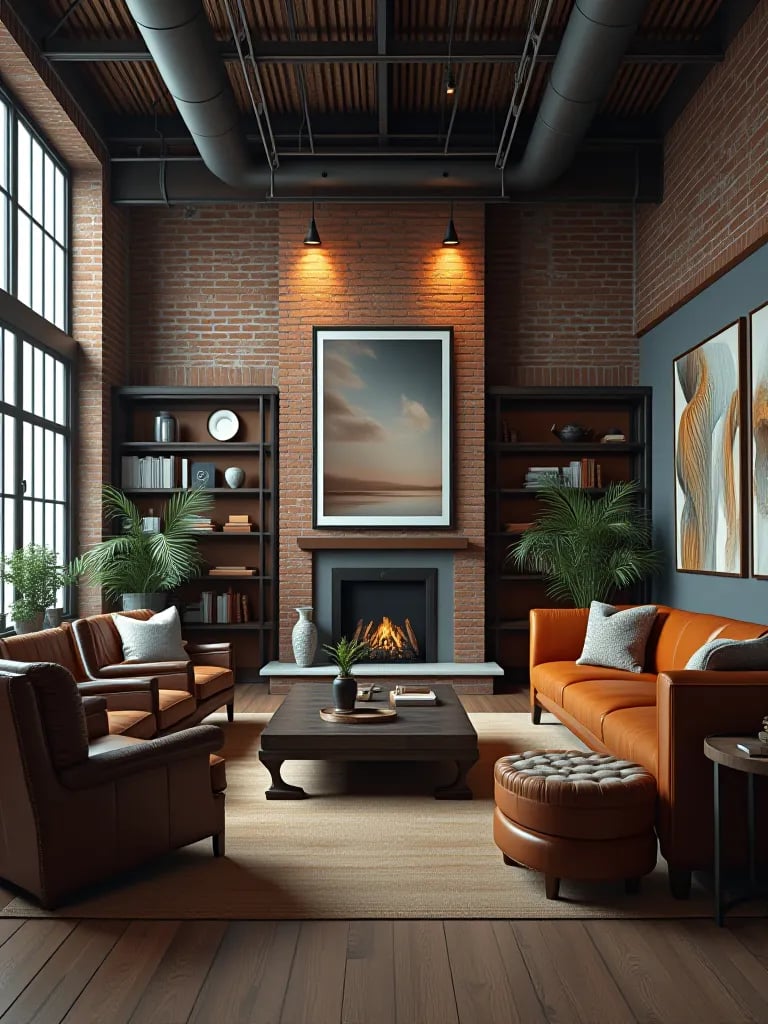Industrial chic luxury living room with exposed brick and leather seating