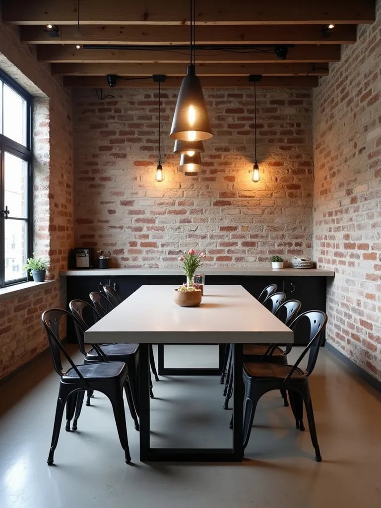Industrial dining area with concrete table and metal chairs