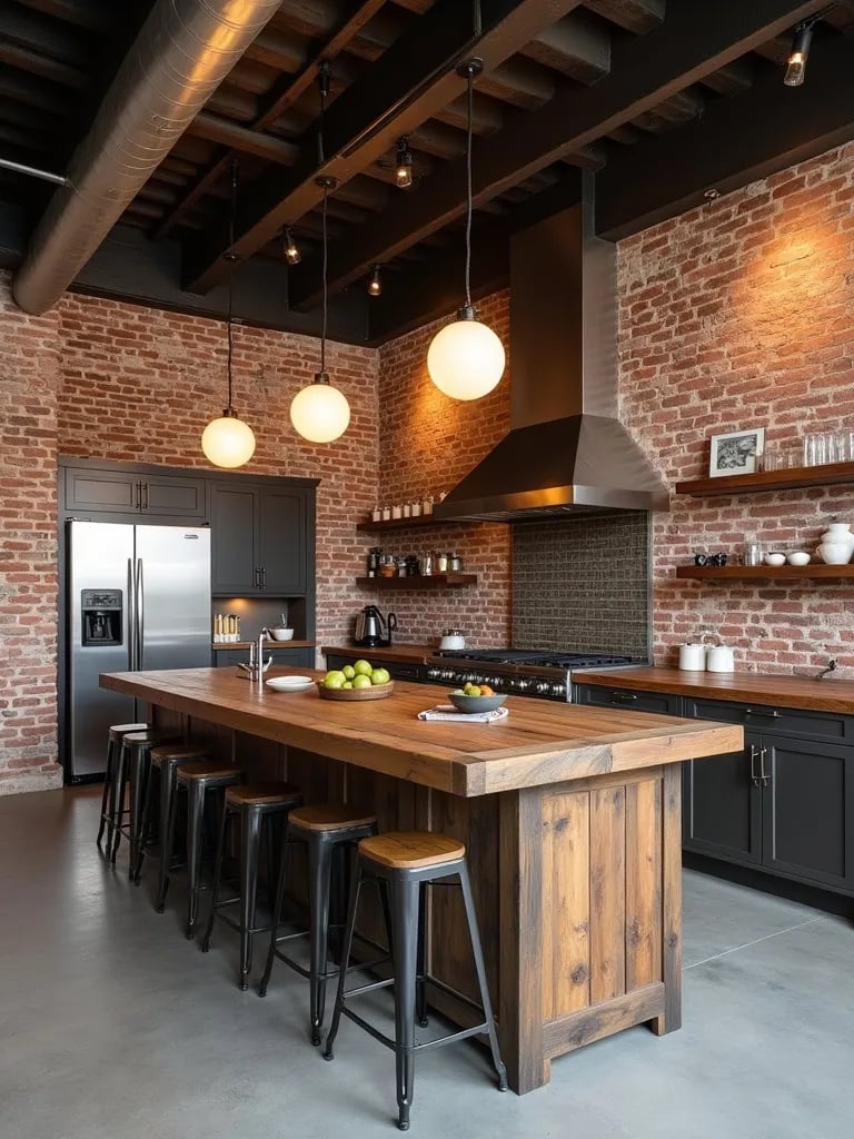 Industrial kitchen with brick walls and large globe pendant lights