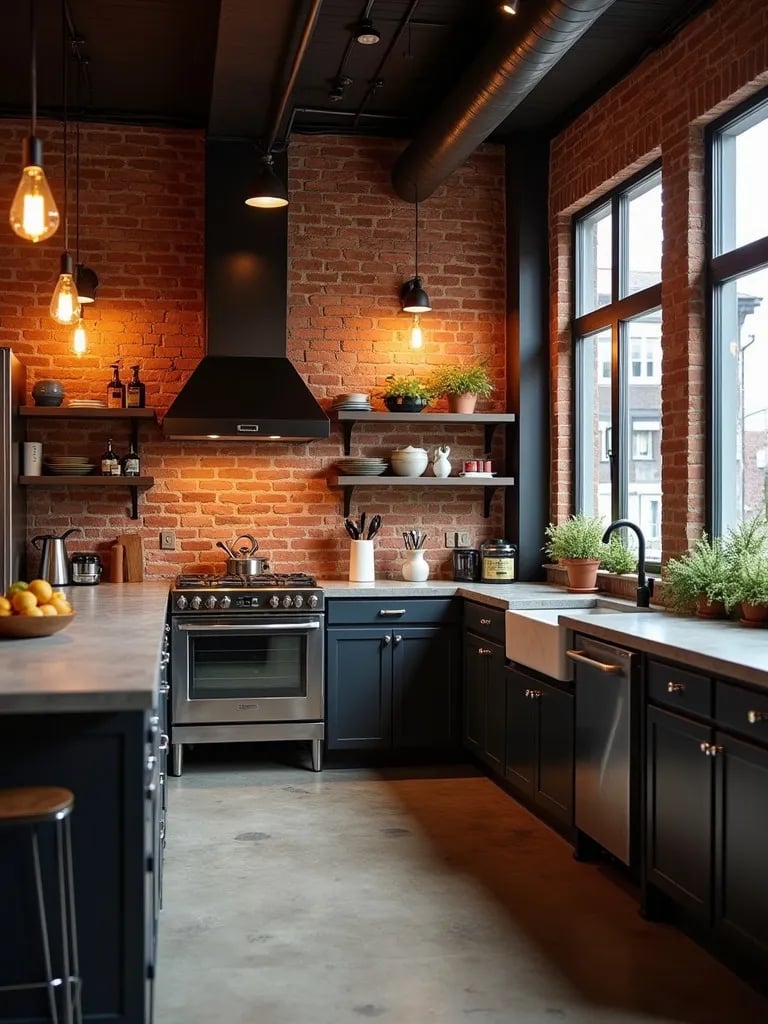 Industrial kitchen with brick walls, concrete counters, and Edison lights
