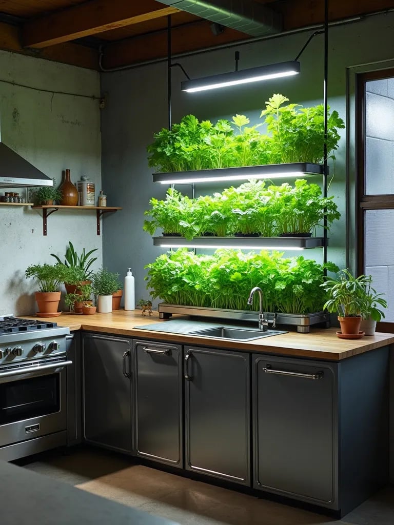 Industrial kitchen with hydroponic system and upcycled metal cabinets