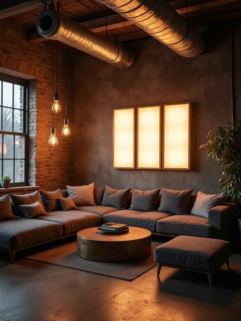 Industrial living room with Edison bulbs, metal lamp, and LED light boxes