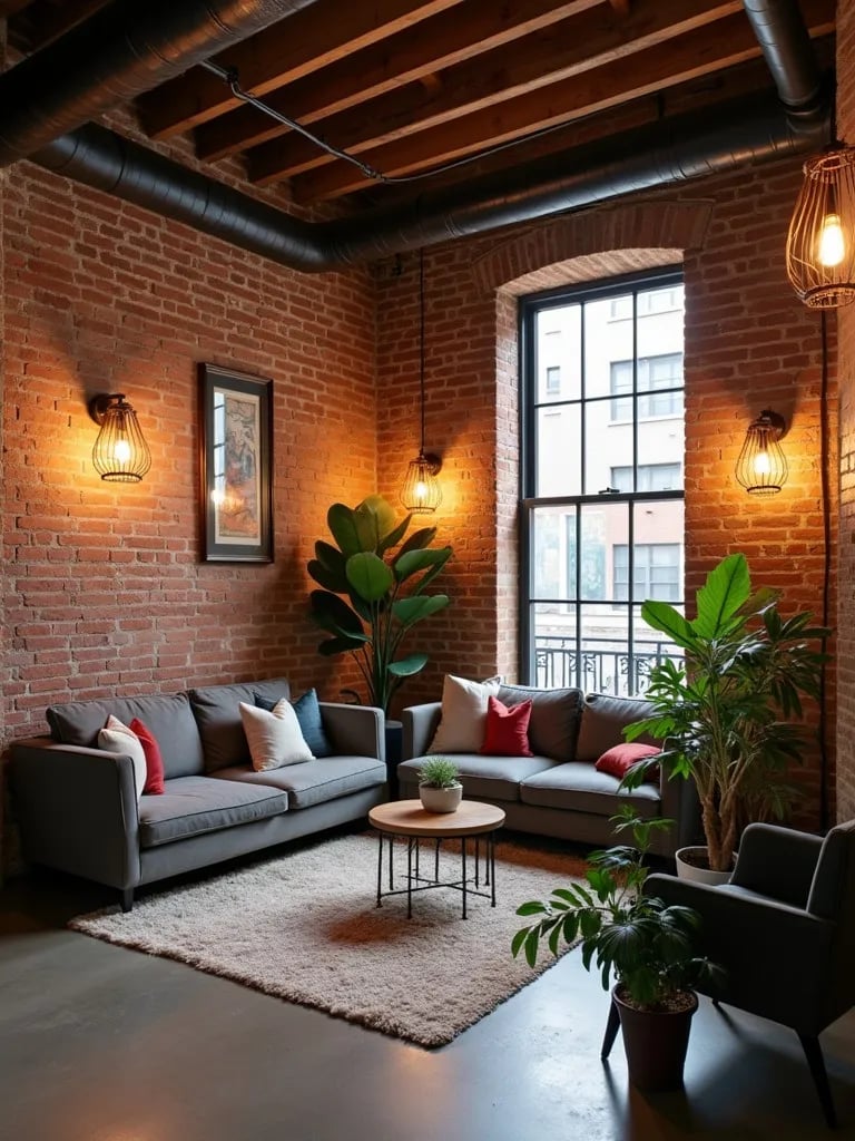Industrial loft living room with vintage cage wall sconces on brick walls