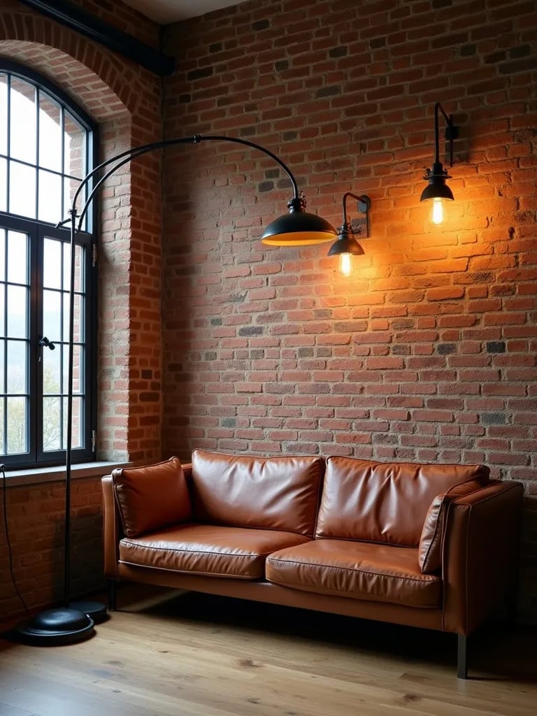 Industrial small living room with arc floor lamp and Edison bulb sconces