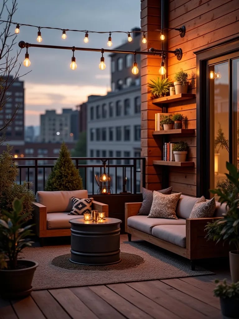 Industrial style balcony with pipe shelves and Edison bulbs at dusk
