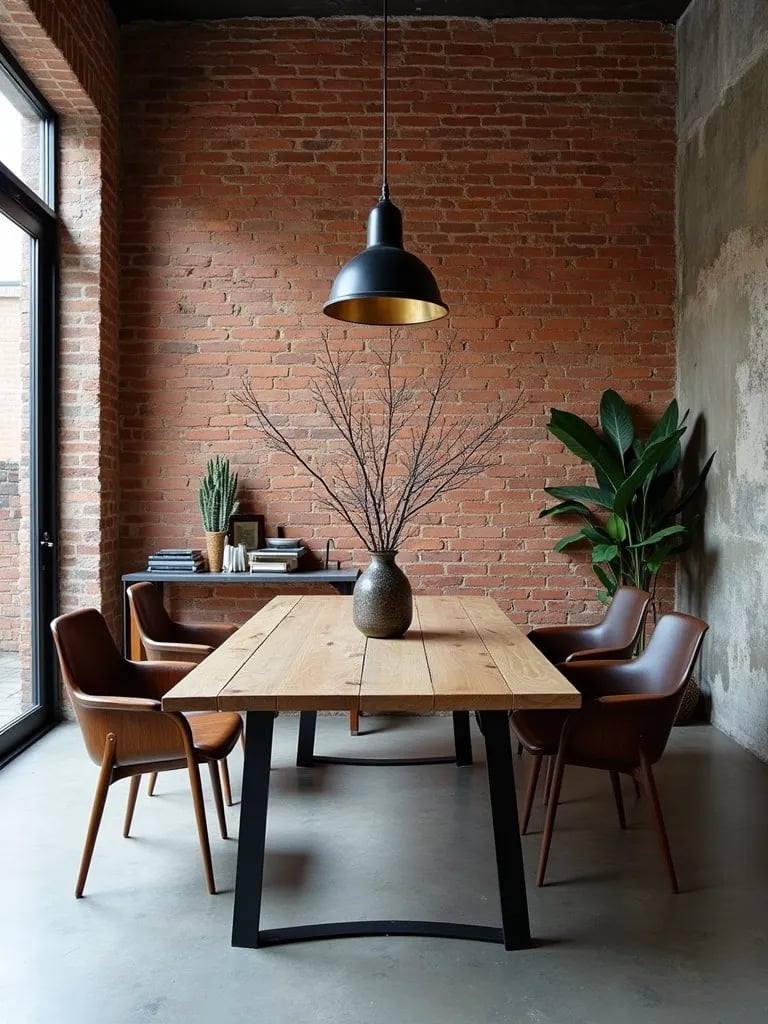 Industrial style dining room with brick walls and mixed material furniture