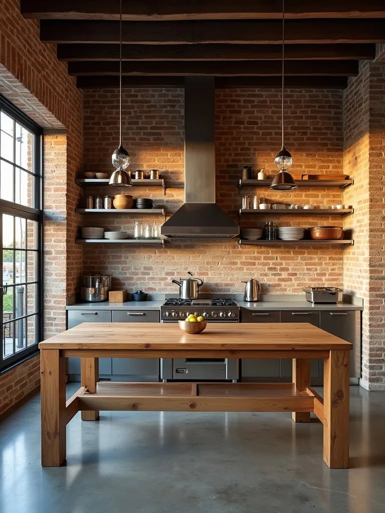 Industrial style kitchen with exposed brick and concrete floors
