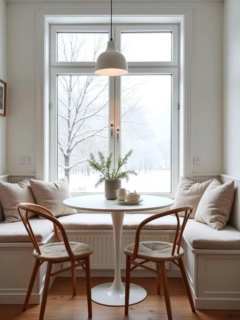 Intimate Scandinavian kitchen nook overlooking snowy landscape