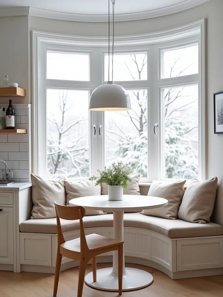 Intimate Scandinavian kitchen nook with built in bench and snow view