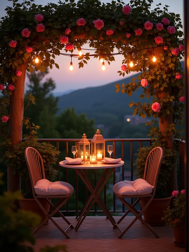 Intimate balcony setup with bistro table, candles, and climbing flowers