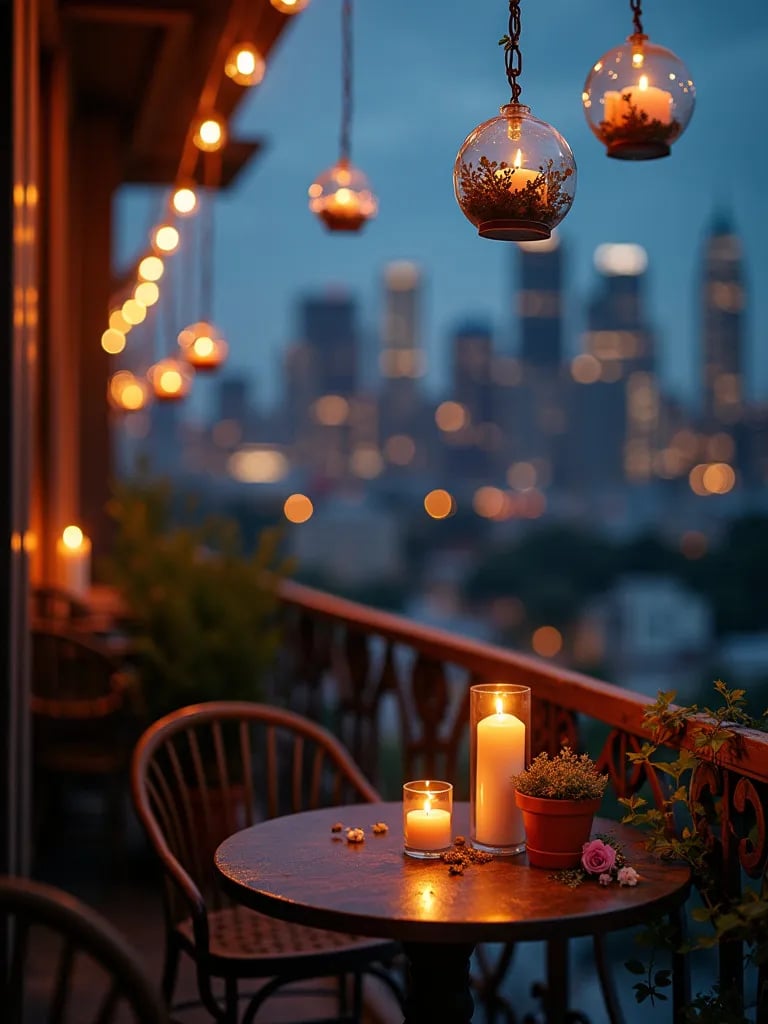 Intimate balcony setup with candles and city lights backdrop