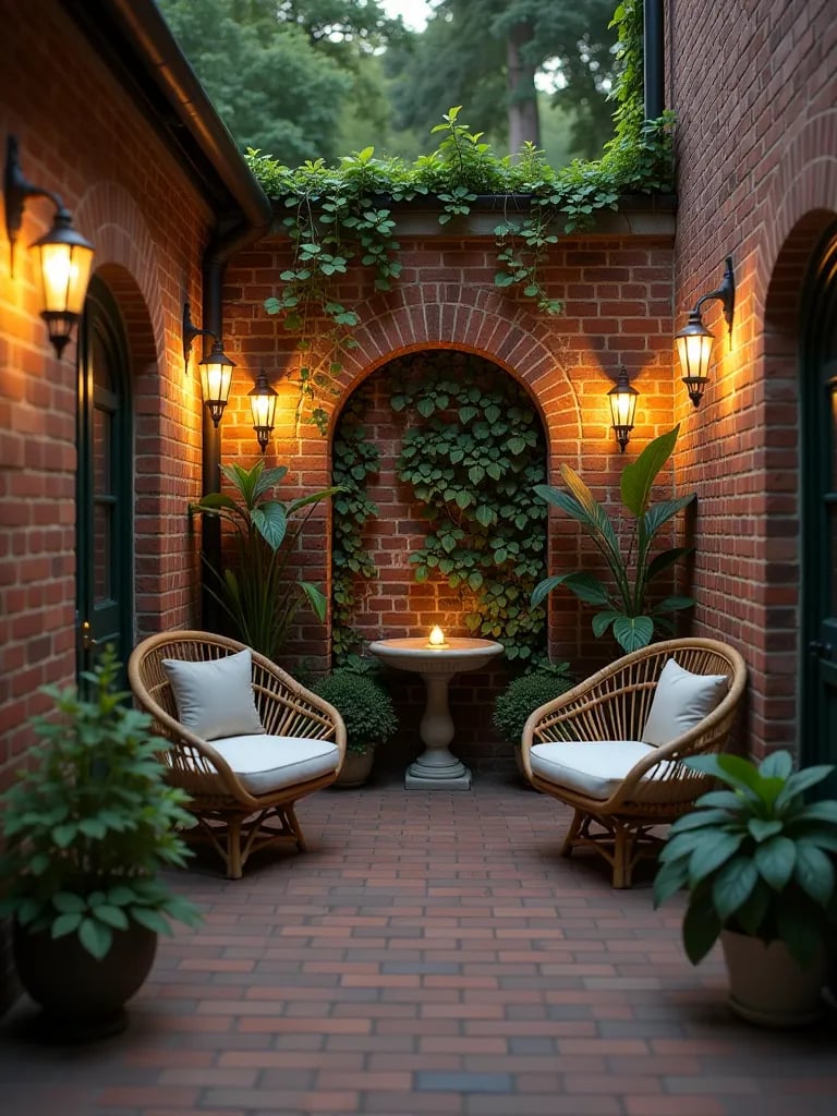 Intimate brick walled courtyard patio with vertical garden and fountain at night