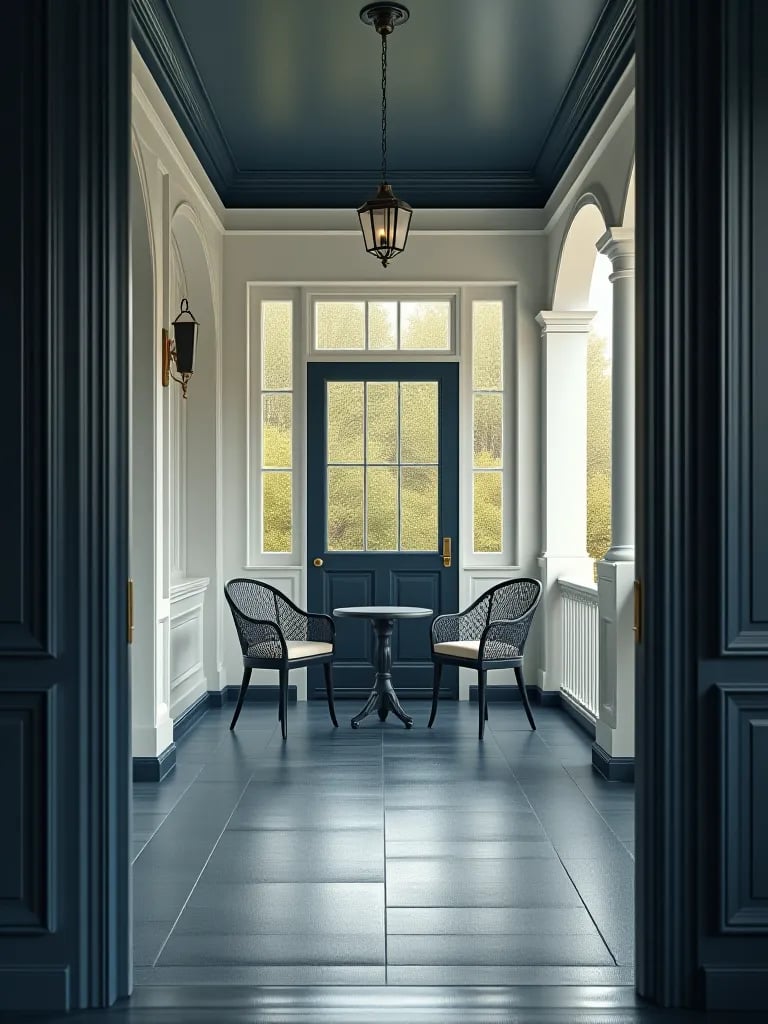 Intimate porch featuring navy blue surfaces, white walls, and brass details