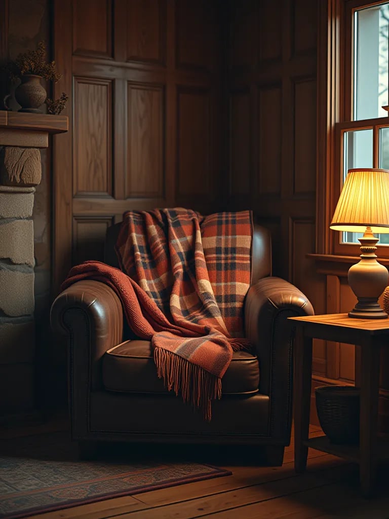 Intimate rustic living room corner with leather armchair, plaid throw, and warm lighting