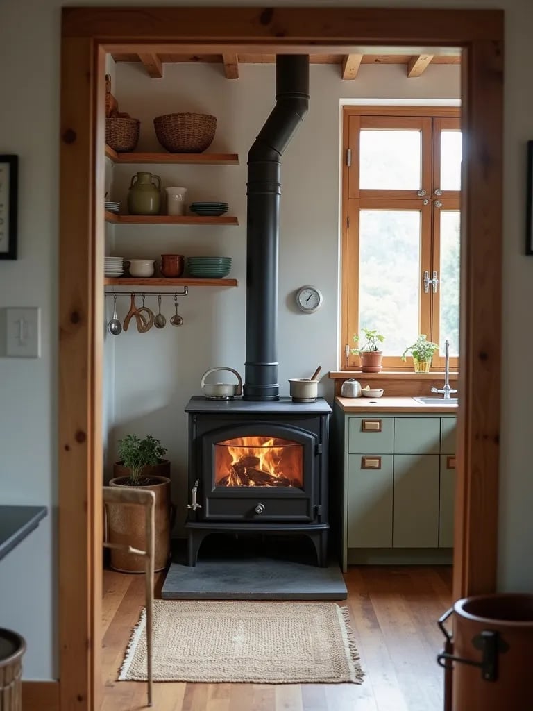 Inviting Scandinavian kitchen with reclaimed wood and soft lighting