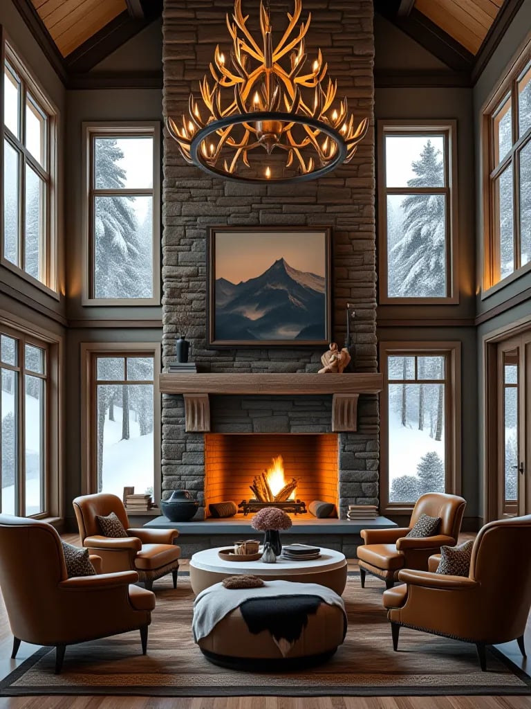 Inviting rustic living room featuring neutral sectional and vibrant accents