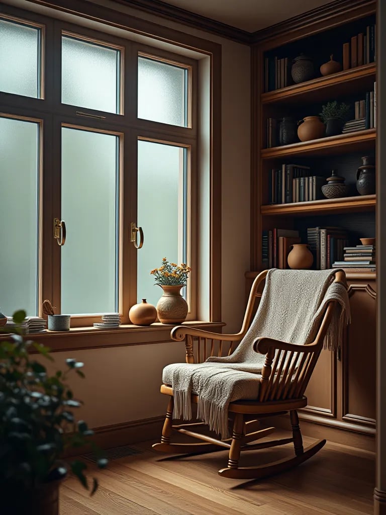 Inviting rustic reading corner with bay window and comfortable seating