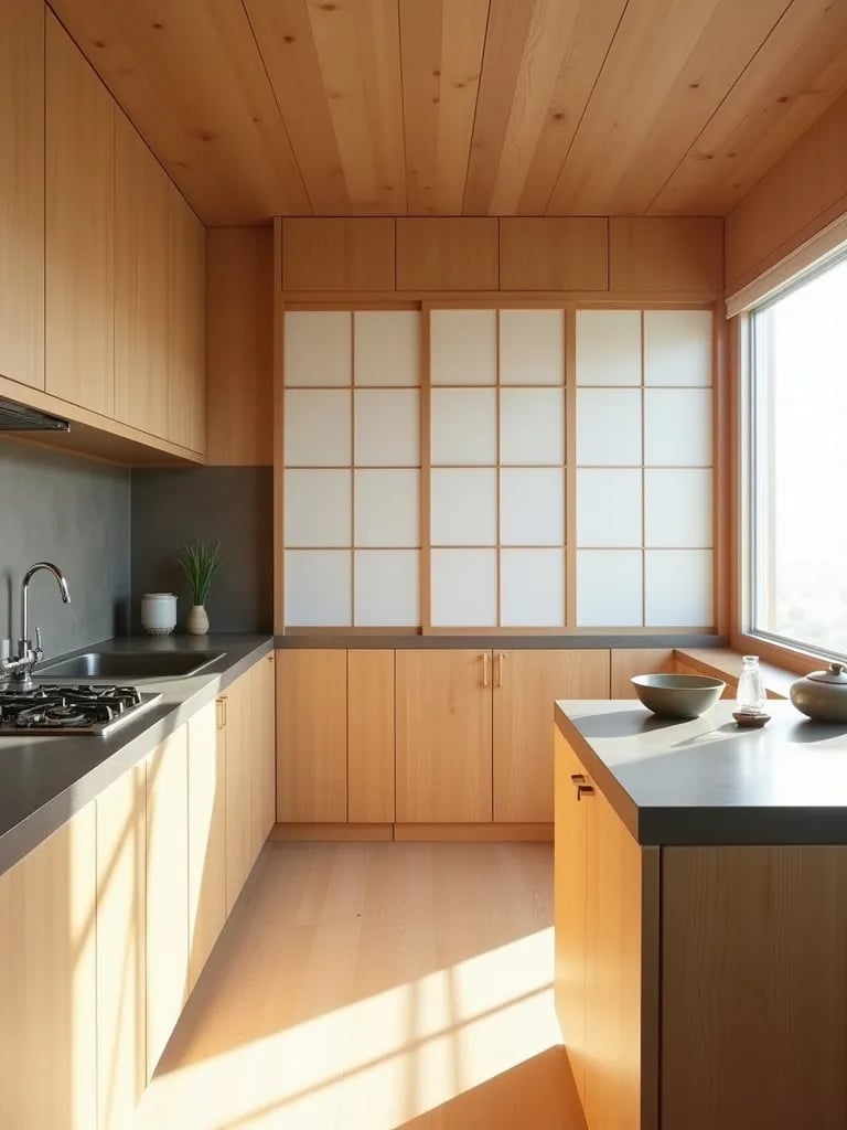 Japanese inspired kitchen with wood cabinets, shoji screens, and tea area