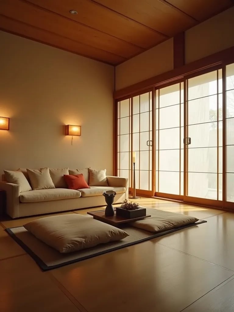 Japanese inspired living room with cylindrical wall sconces and shoji screens