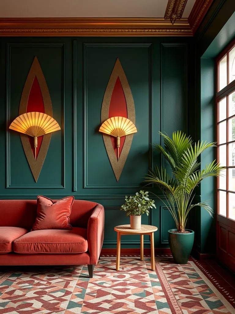 Jewel toned living space featuring elegant fan shaped wall sconces in art deco style