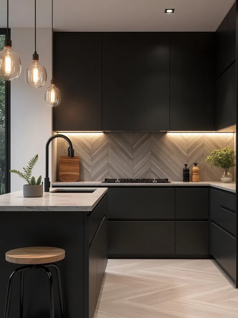 Kitchen featuring unique geometric tile backsplash and warm lighting